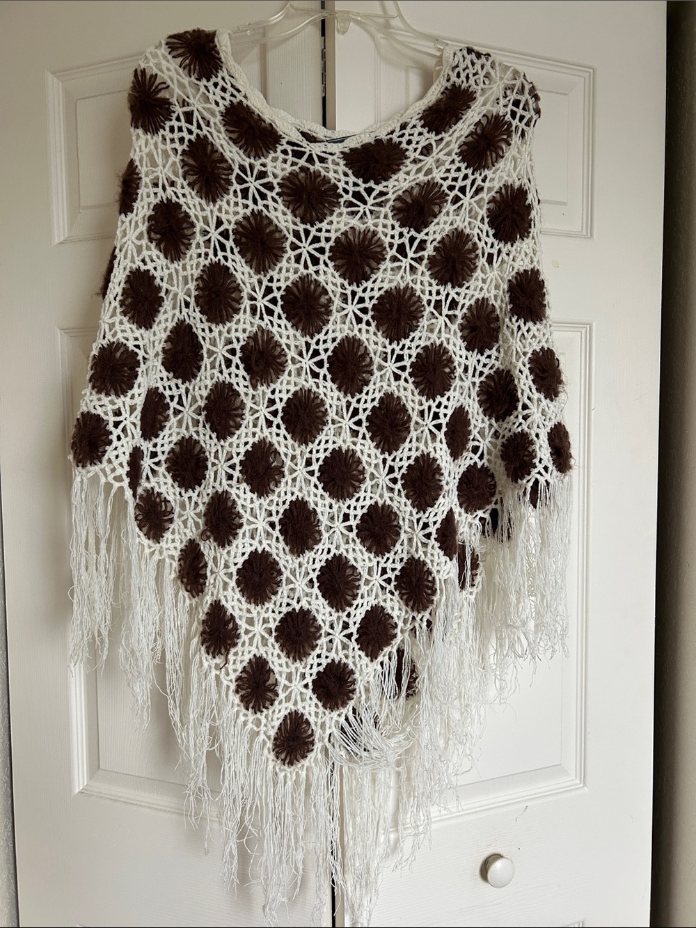 Crochet Fringe Poncho - White and Brown